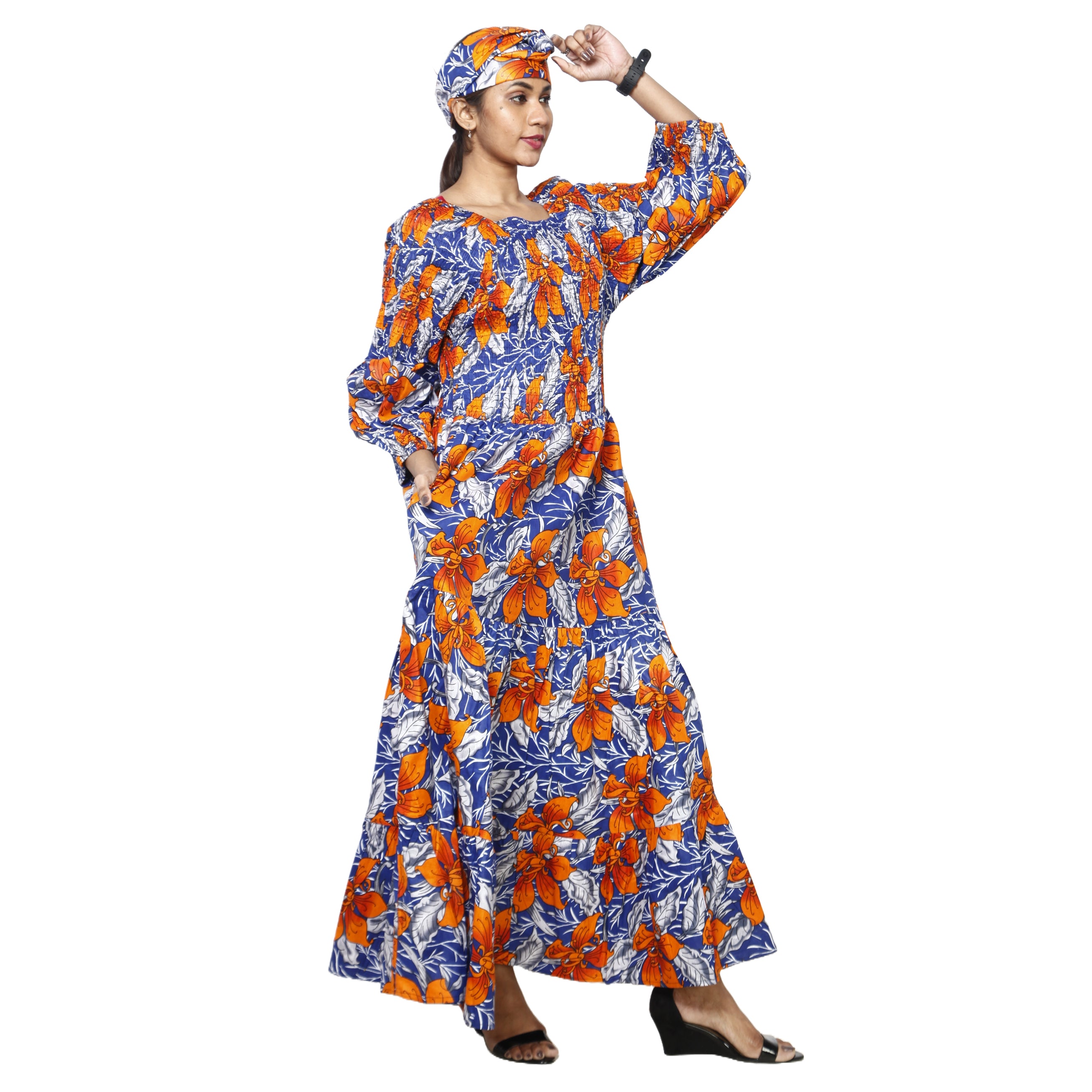 Women's Smocking Long Sleeve Maxi Dress -- FI-50083