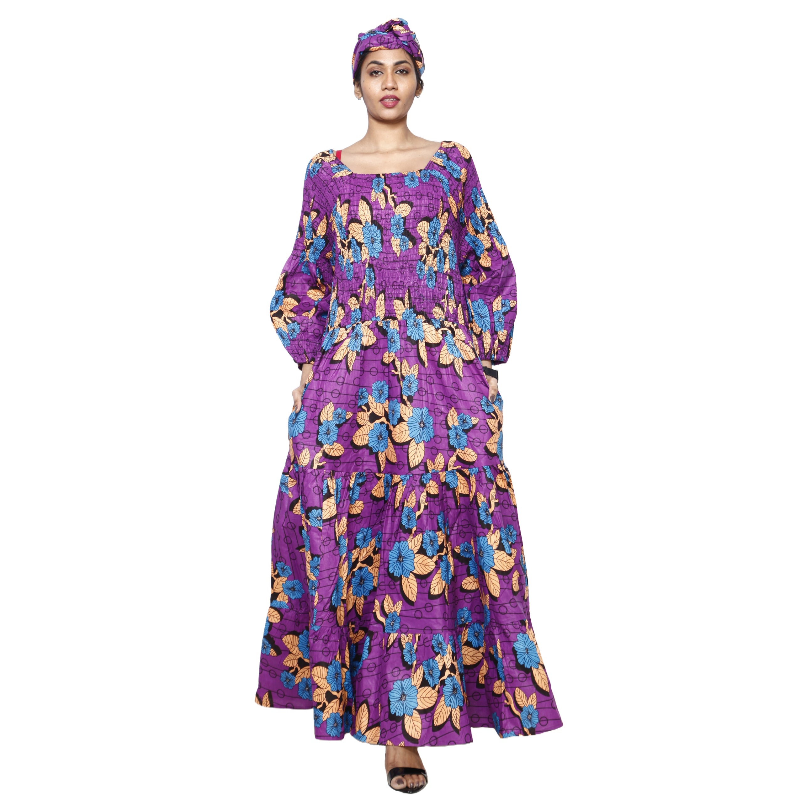 Women's Smocking Long Sleeve Maxi Dress purpl, blue and yellow