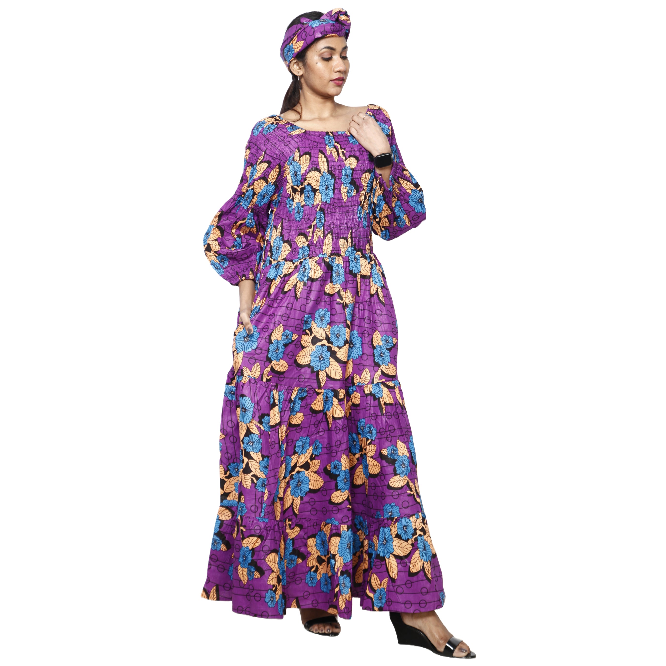 Women's Smocking Long Sleeve Maxi Dress -- FI-50083