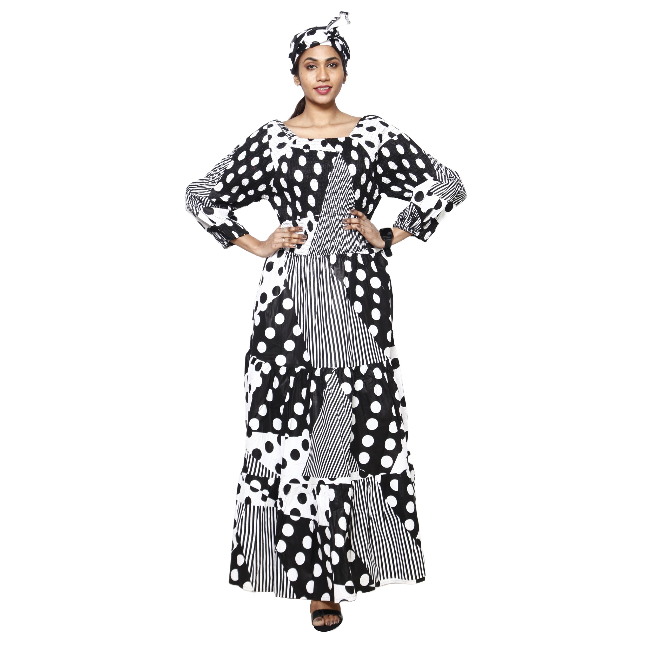 Women's Smocking Long Sleeve Maxi Dress black and white