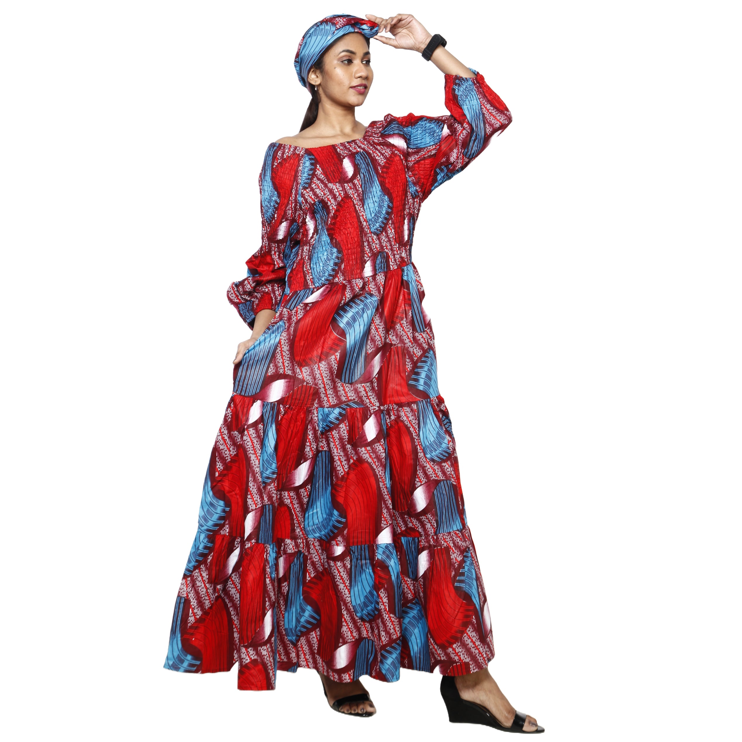 Women's Smocking Long Sleeve Maxi Dress red/blue contrast