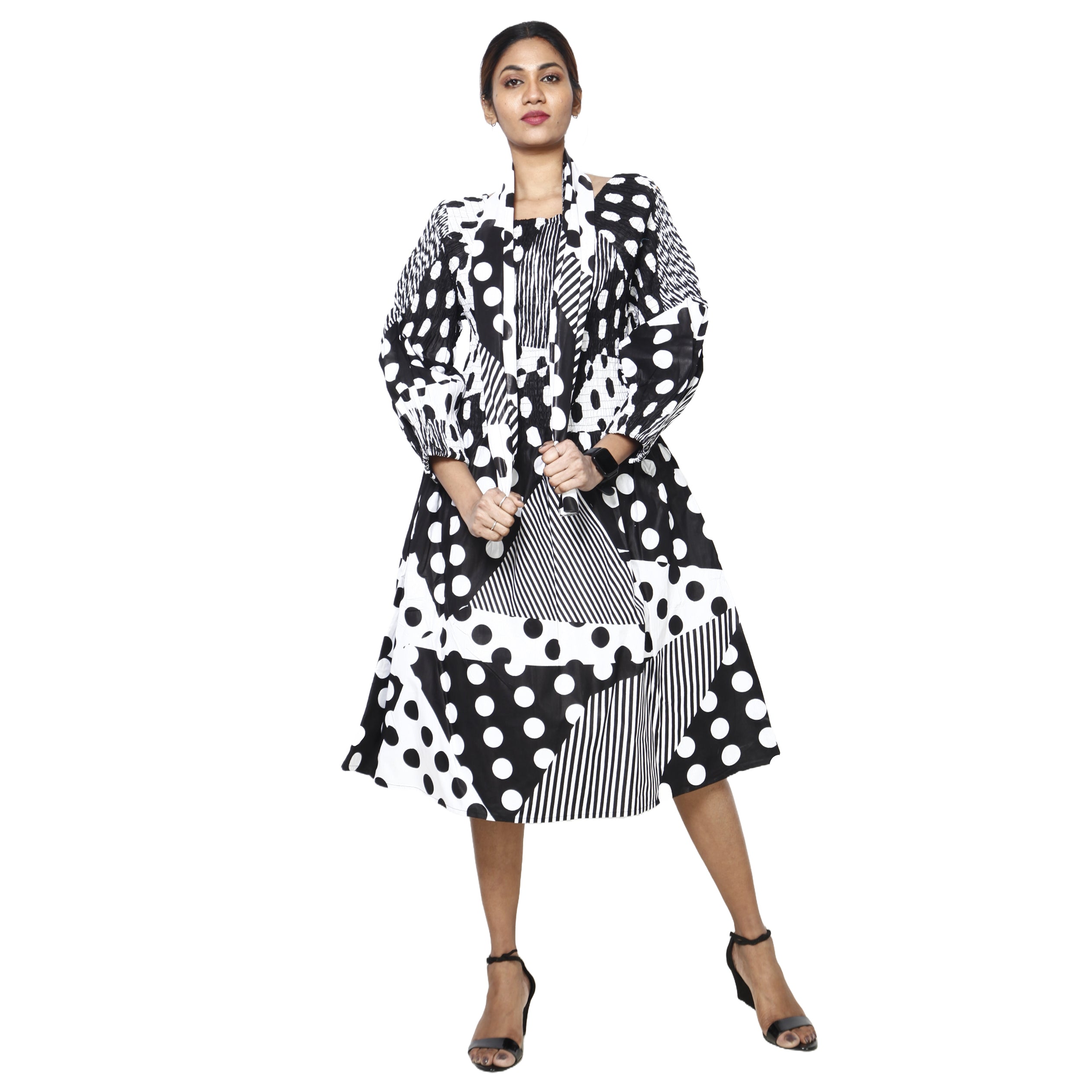 Women's African Print Off Shoulder with Cuff Sleeve Midi Dress black and white