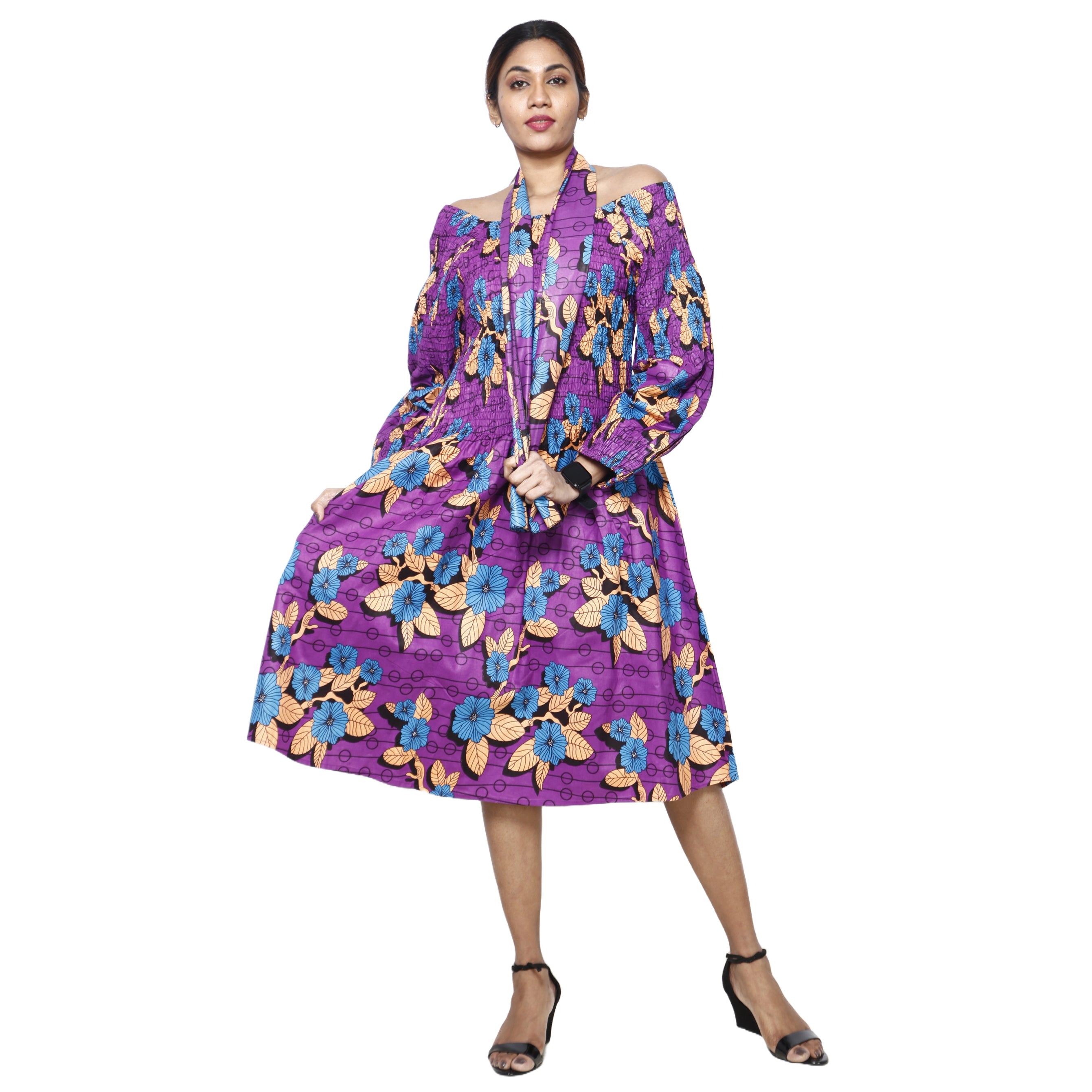 Women's African Print Off Shoulder with Cuff Sleeve Midi Dress purple and blue contrast