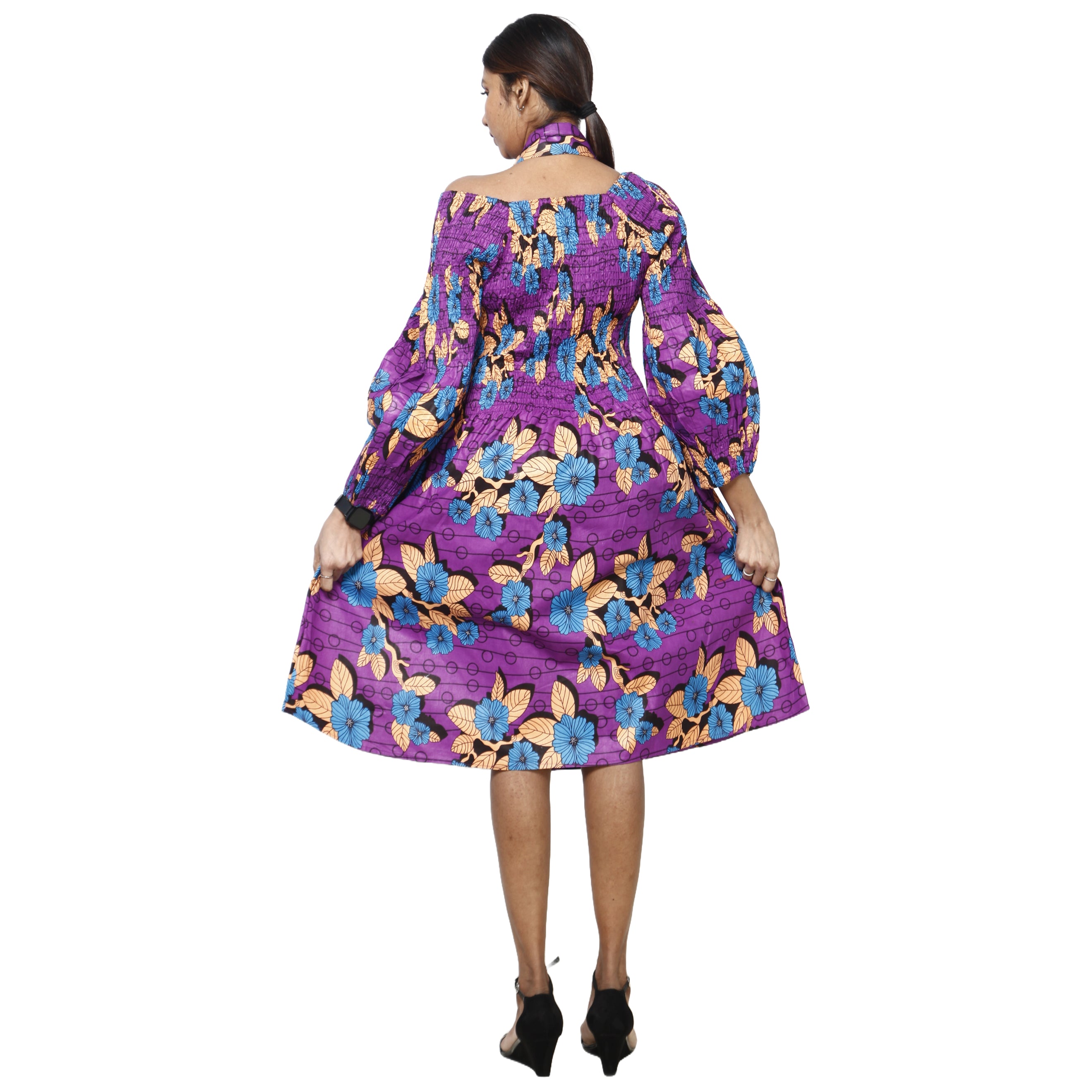 Women's African Print Off Shoulder with Cuff Sleeve Midi Dress -- FI-50076