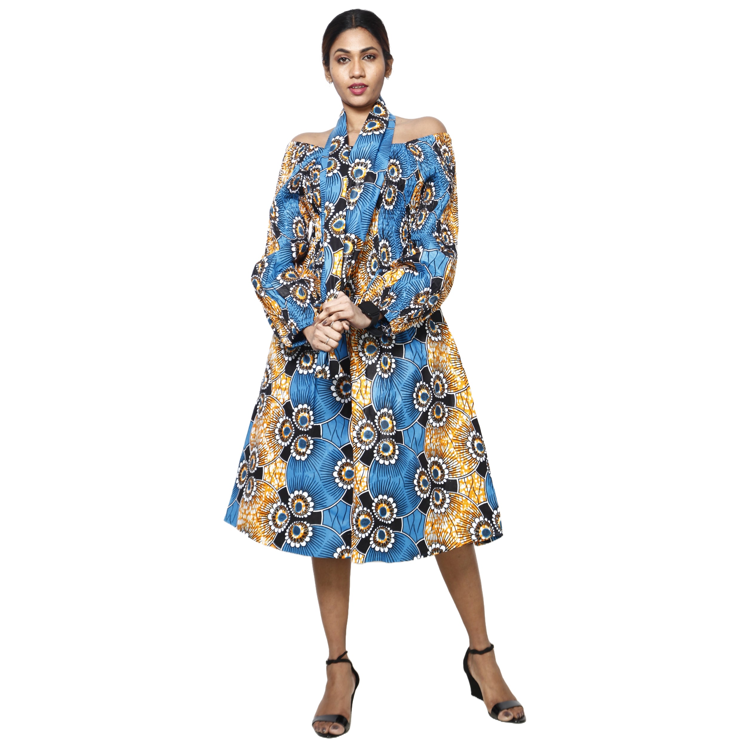 Women's African Print Off Shoulder with Cuff Sleeve Midi Dress multicolor contrast\