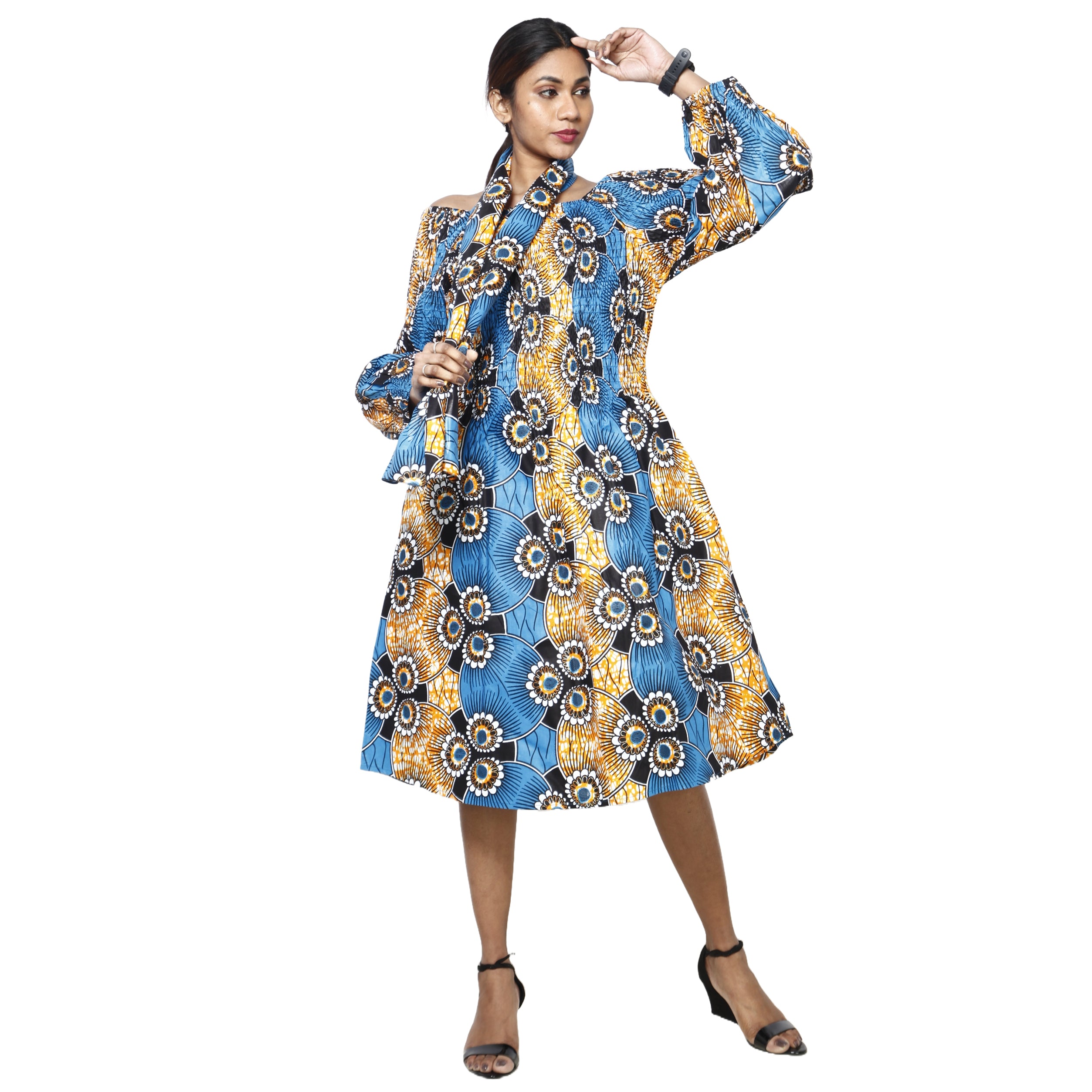 Women's African Print Off Shoulder with Cuff Sleeve Midi Dress -- FI-50076