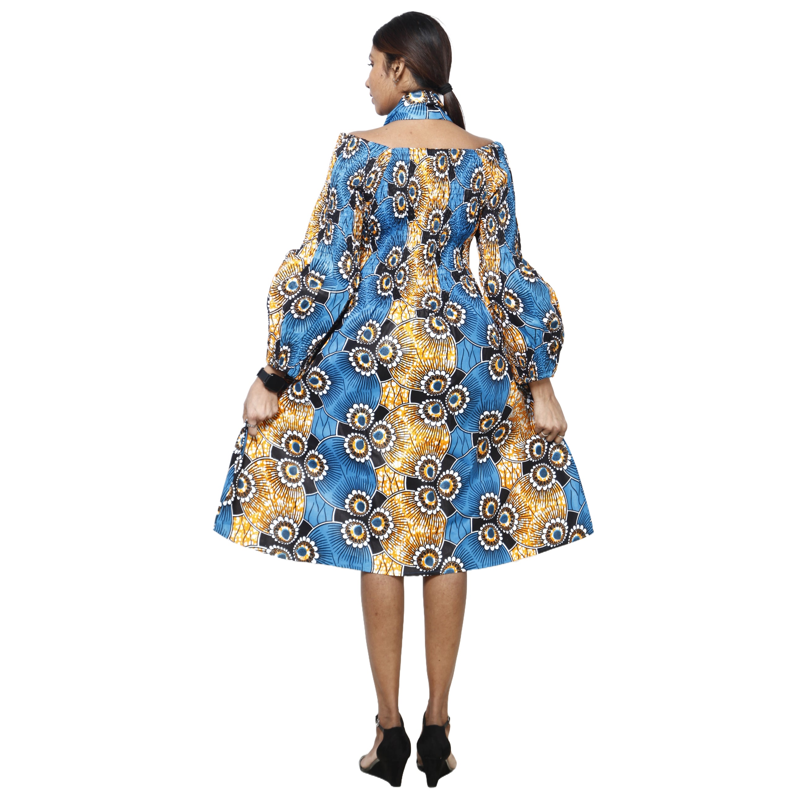 Women's African Print Off Shoulder with Cuff Sleeve Midi Dress -- FI-50076