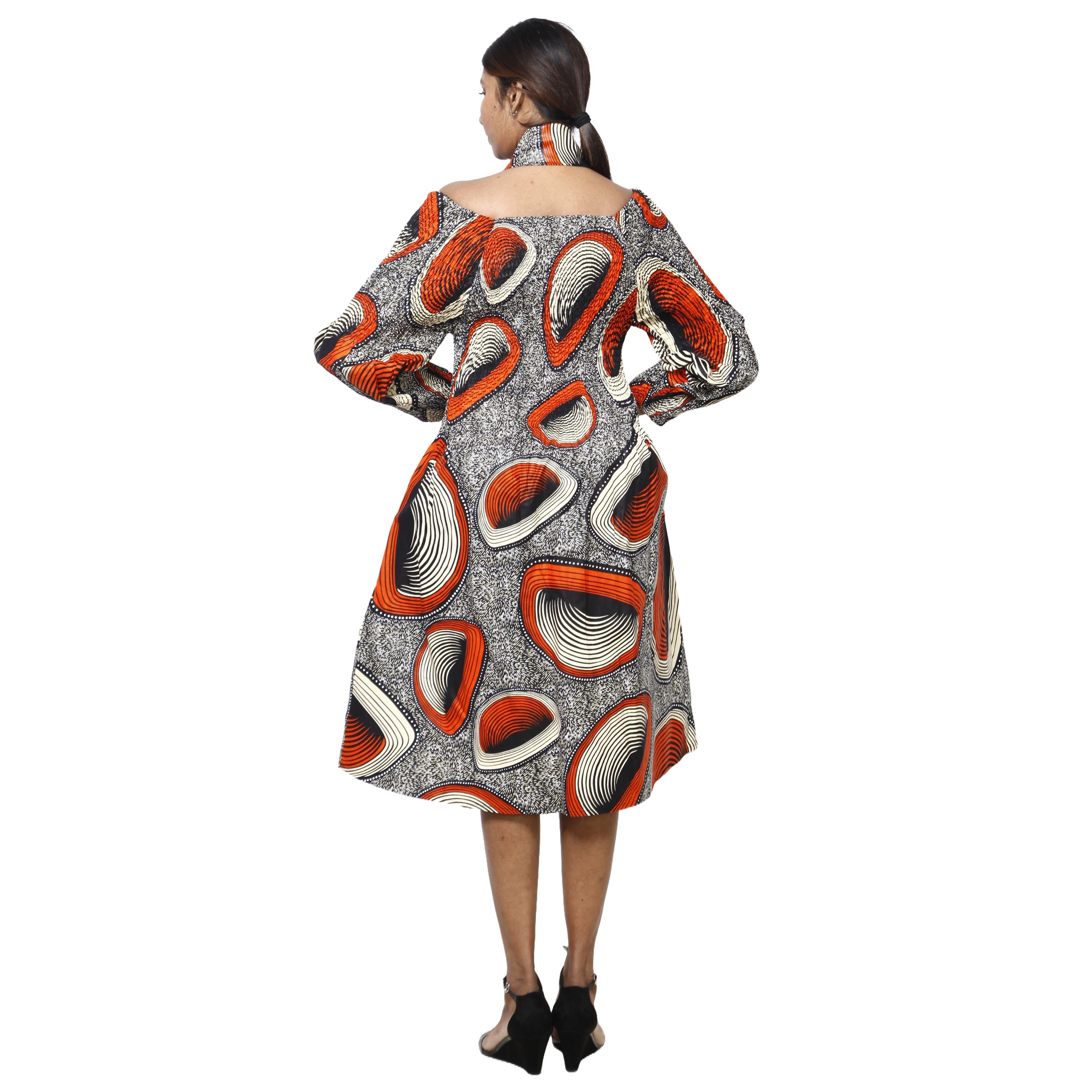 Women's African Print Off Shoulder with Cuff Sleeve Midi Dress -- FI-50076