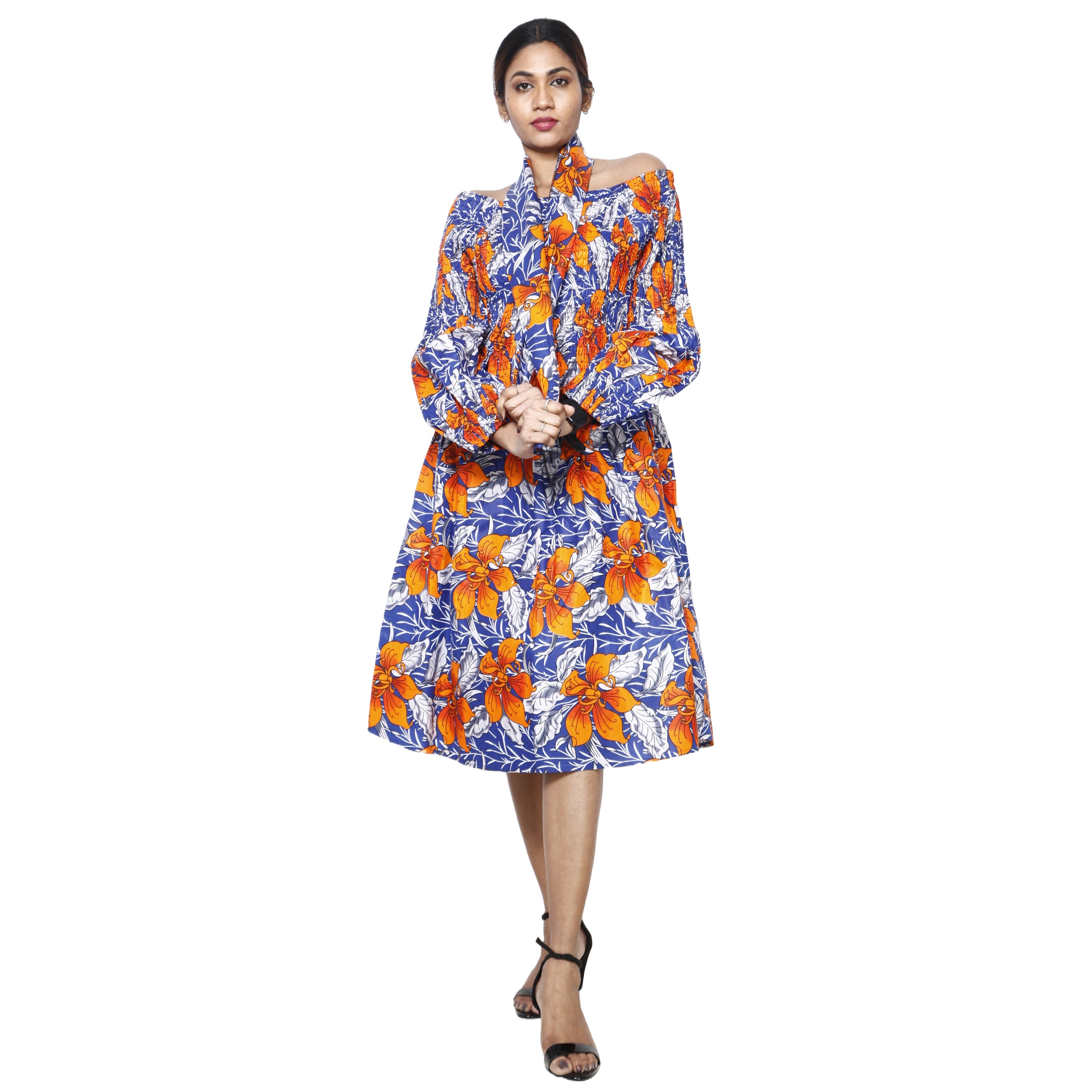 Women's African Print Off Shoulder with Cuff Sleeve Midi Dress orange and blue 