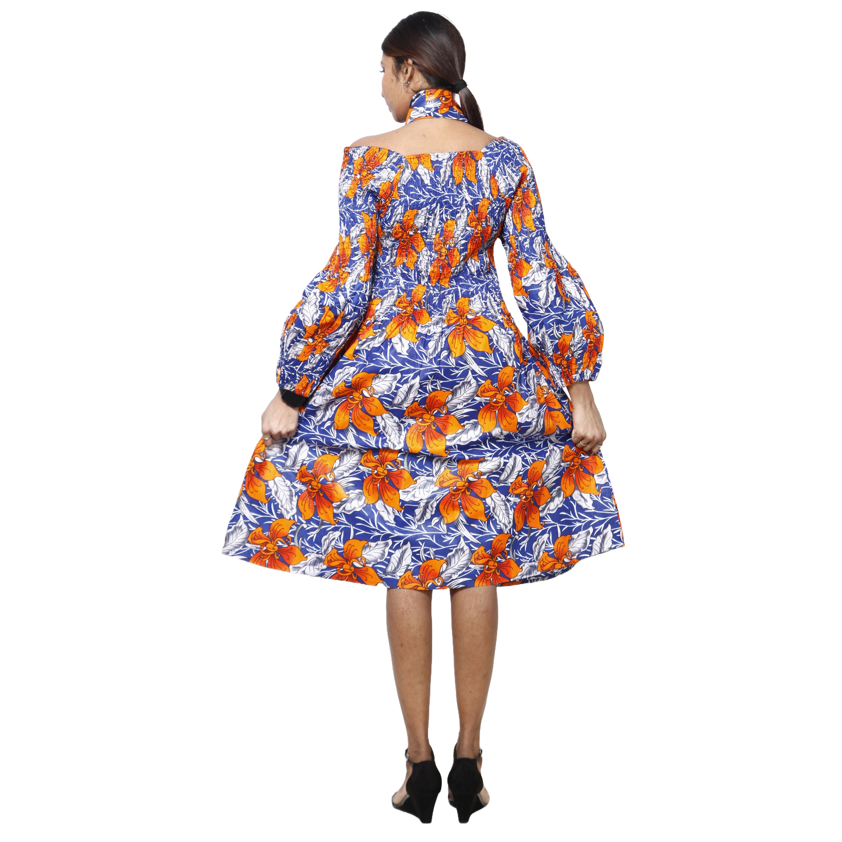 Women's African Print Off Shoulder with Cuff Sleeve Midi Dress -- FI-50076