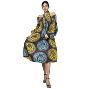 Women's African Print Off Shoulder with Cuff Sleeve Midi Dress -- FI-50076