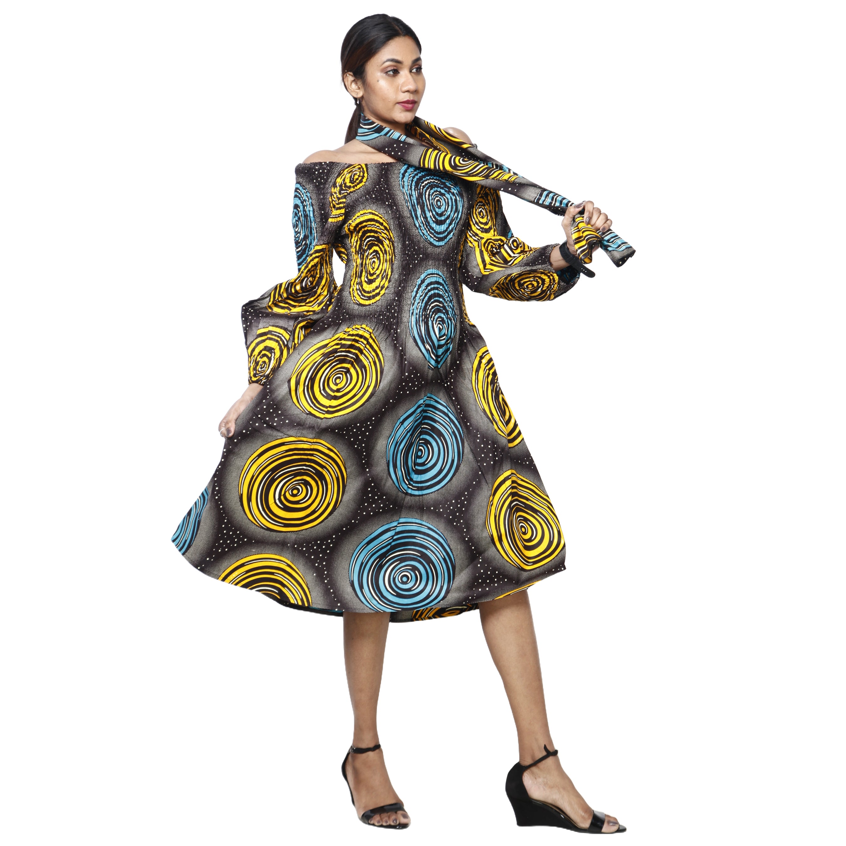 Women's African Print Off Shoulder with Cuff Sleeve Midi Dress blue, yellow and black