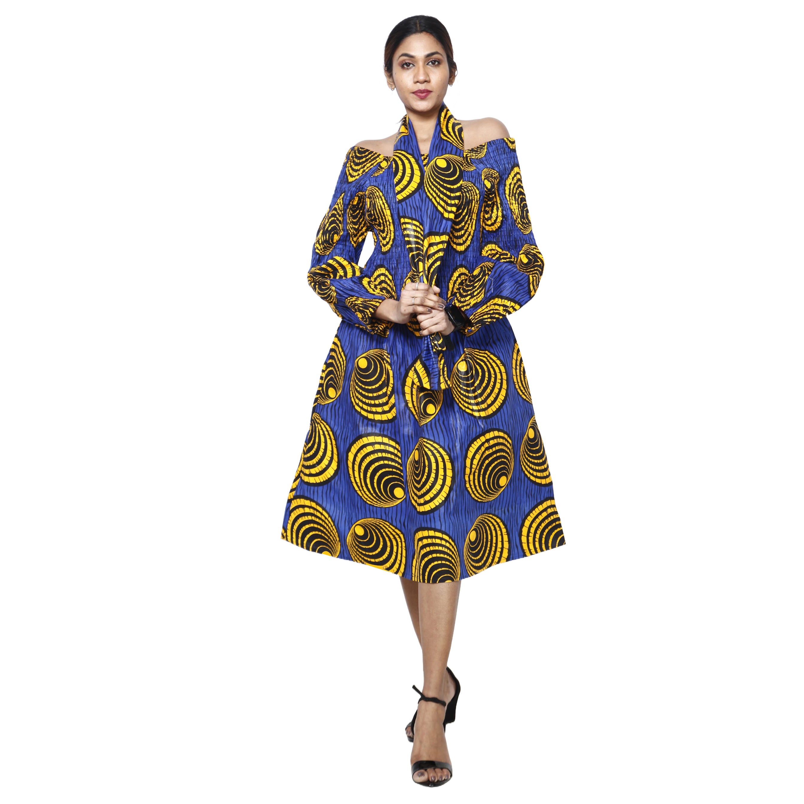 Women's African Print Off Shoulder with Cuff Sleeve Midi Dress -- FI-50076