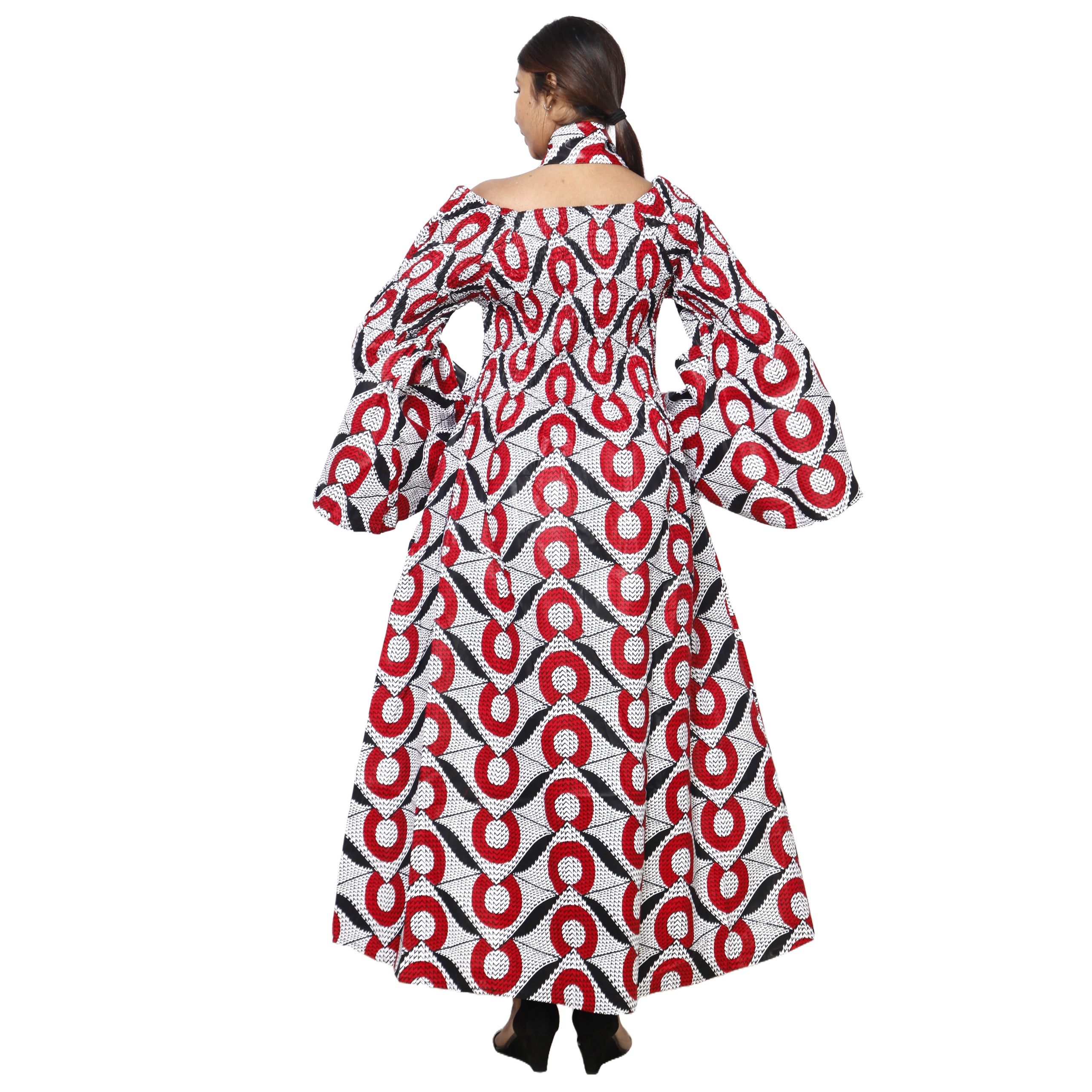 Women's Long Sleeve Smocking Maxi Dress with Bell Sleeves -- FI-50072