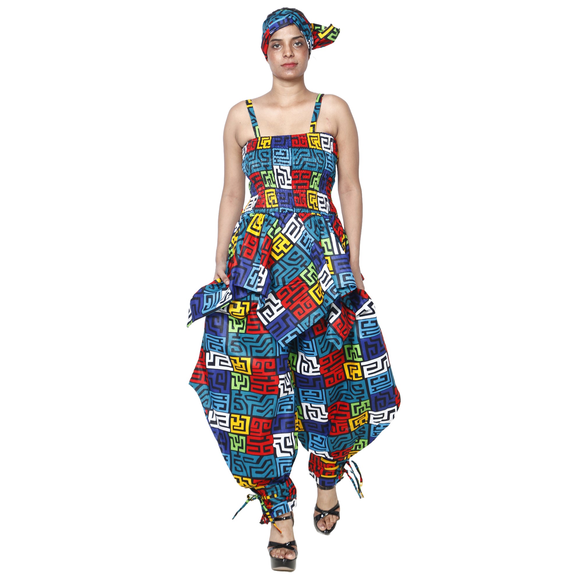 Women's African Print Sleeveless Peplum Top and Jogger Pants Set -- FI-4042