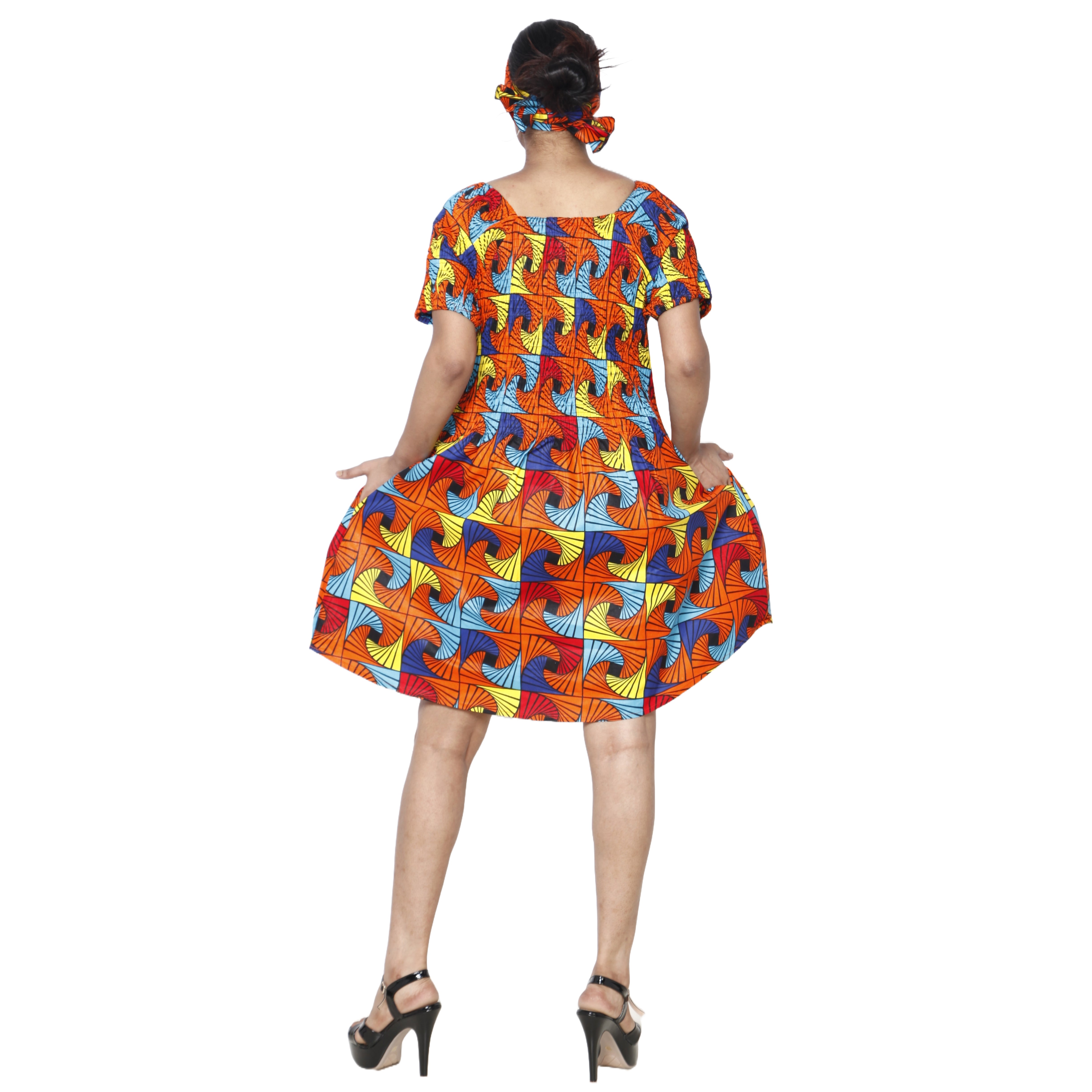 Women's Printed Smocking Short Sleeve Mini Dress - FI-50071 Mini