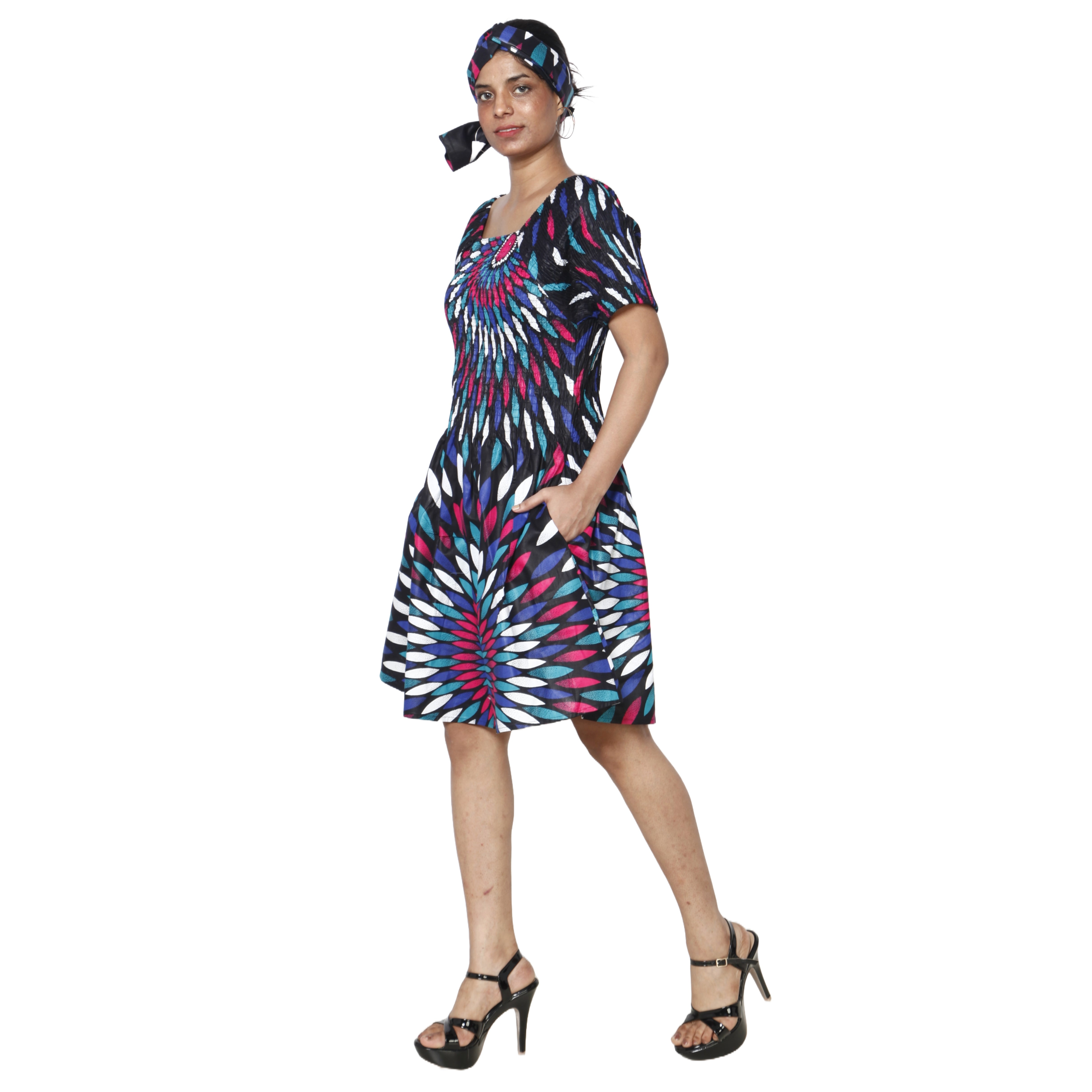 Women's Printed Smocking Short Sleeve Mini Dress - FI-50071 Mini