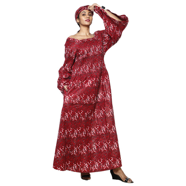 Women's Long Sleeve Smocking Maxi Dress with Bell Sleeves -- FI-50072