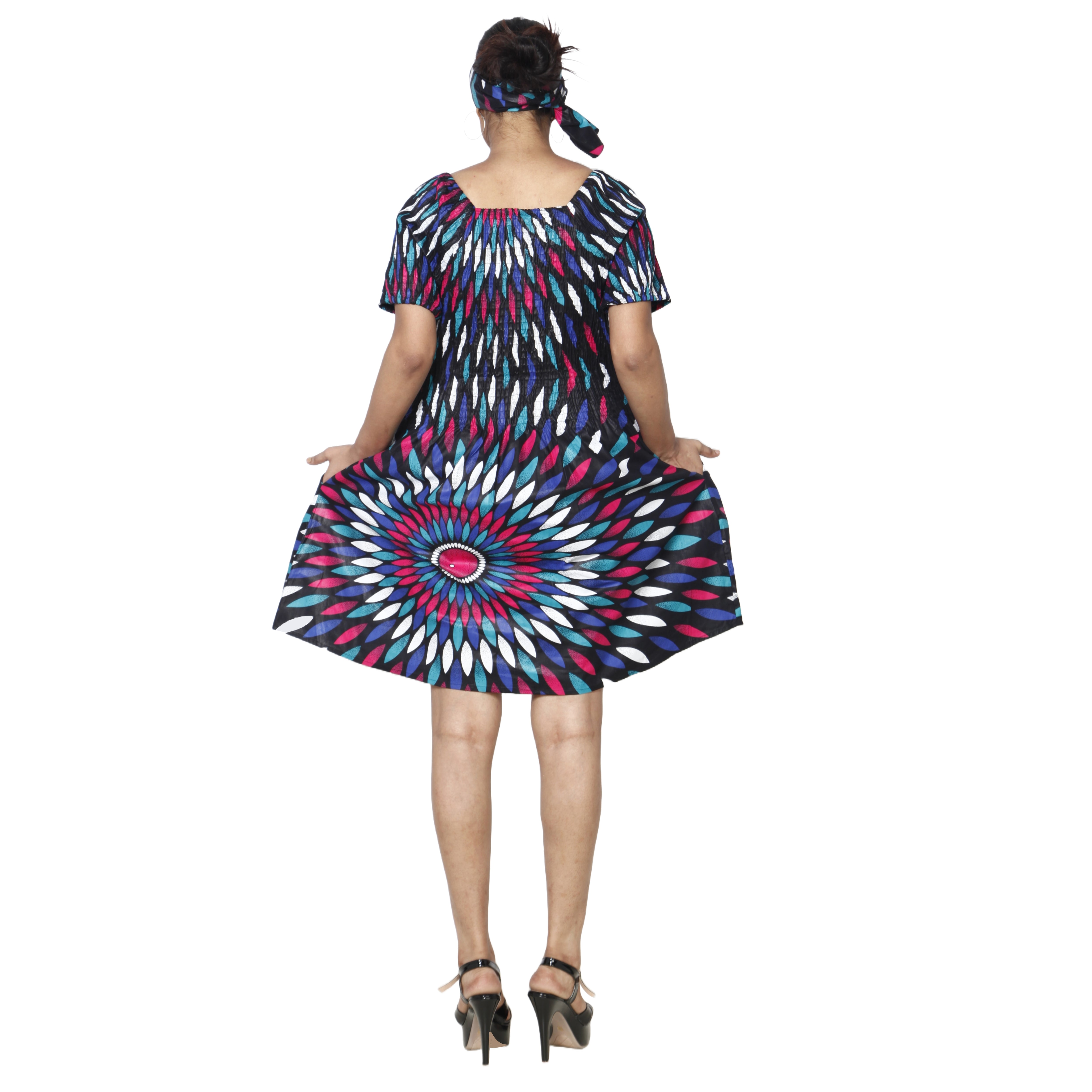 Women's Printed Smocking Short Sleeve Mini Dress - FI-50071 Mini