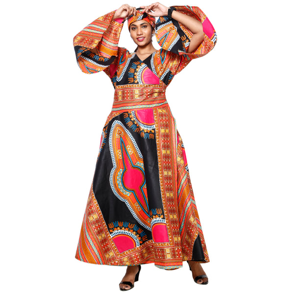 Women's Dashiki Long Sleeve Maxi Wrap Dress multicolor contrast