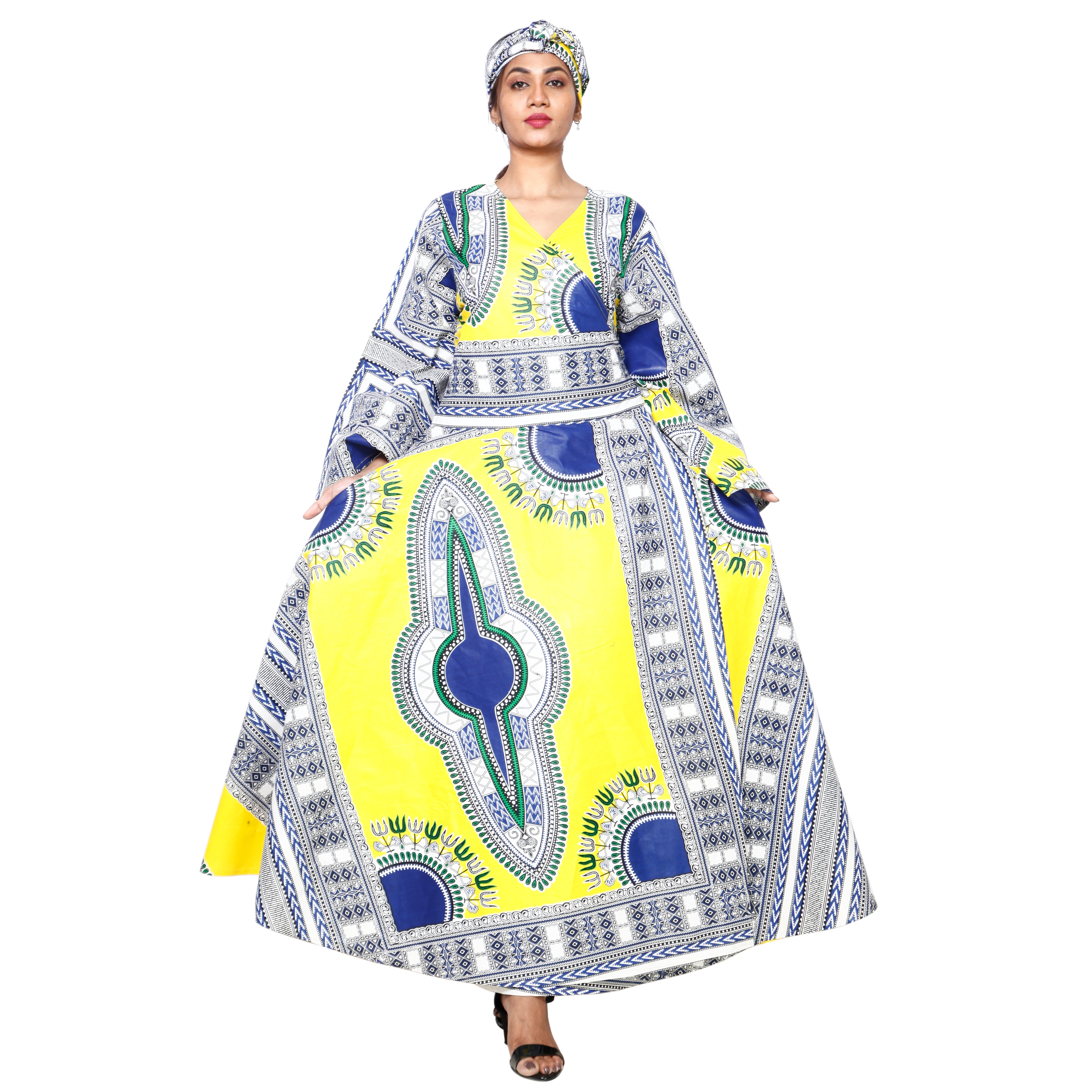 Women's Dashiki Long Sleeve Maxi Wrap Dress -- FI-D56D