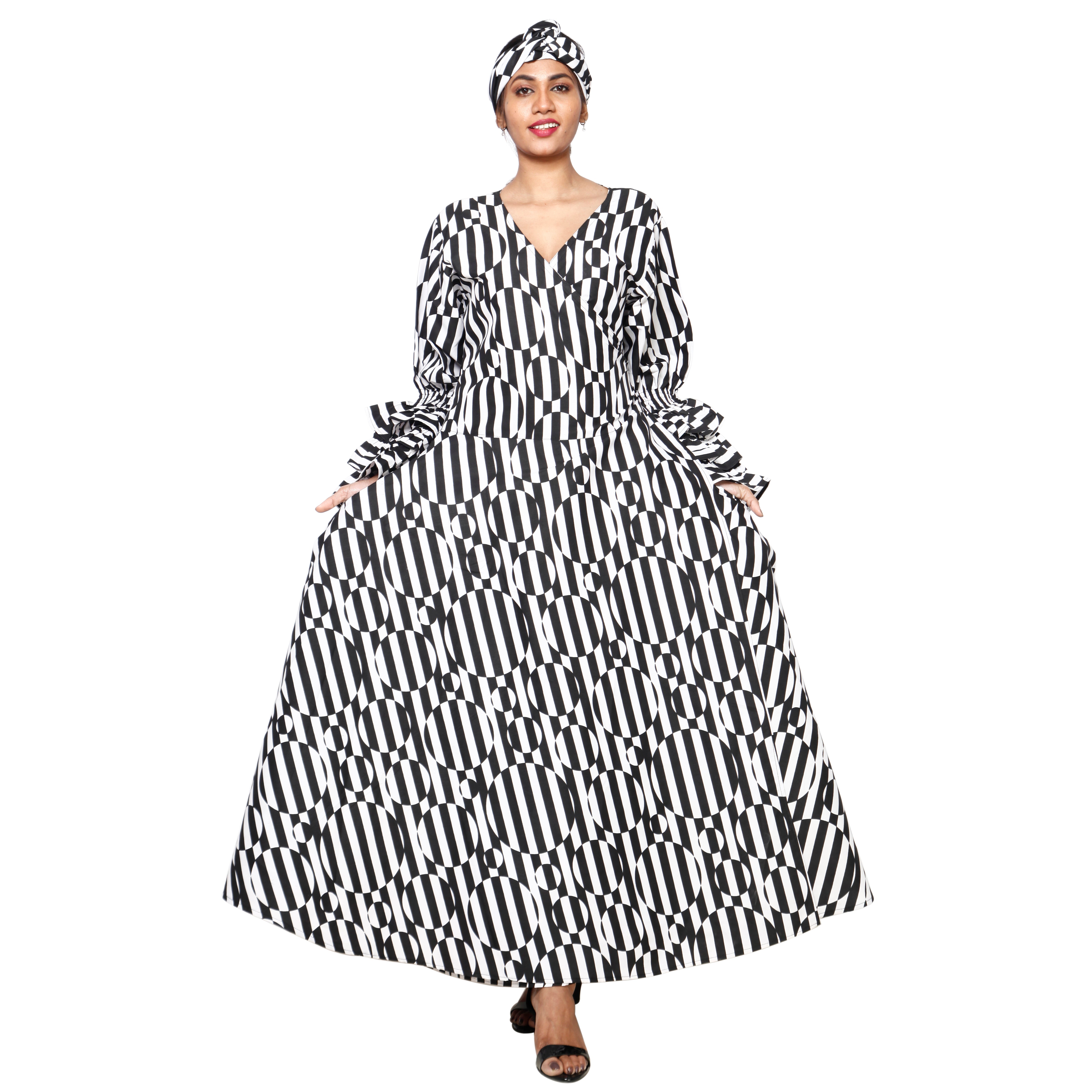 Women's Poly-Cotton Wrap Dress with Ruffle Sleeves black and white circles 