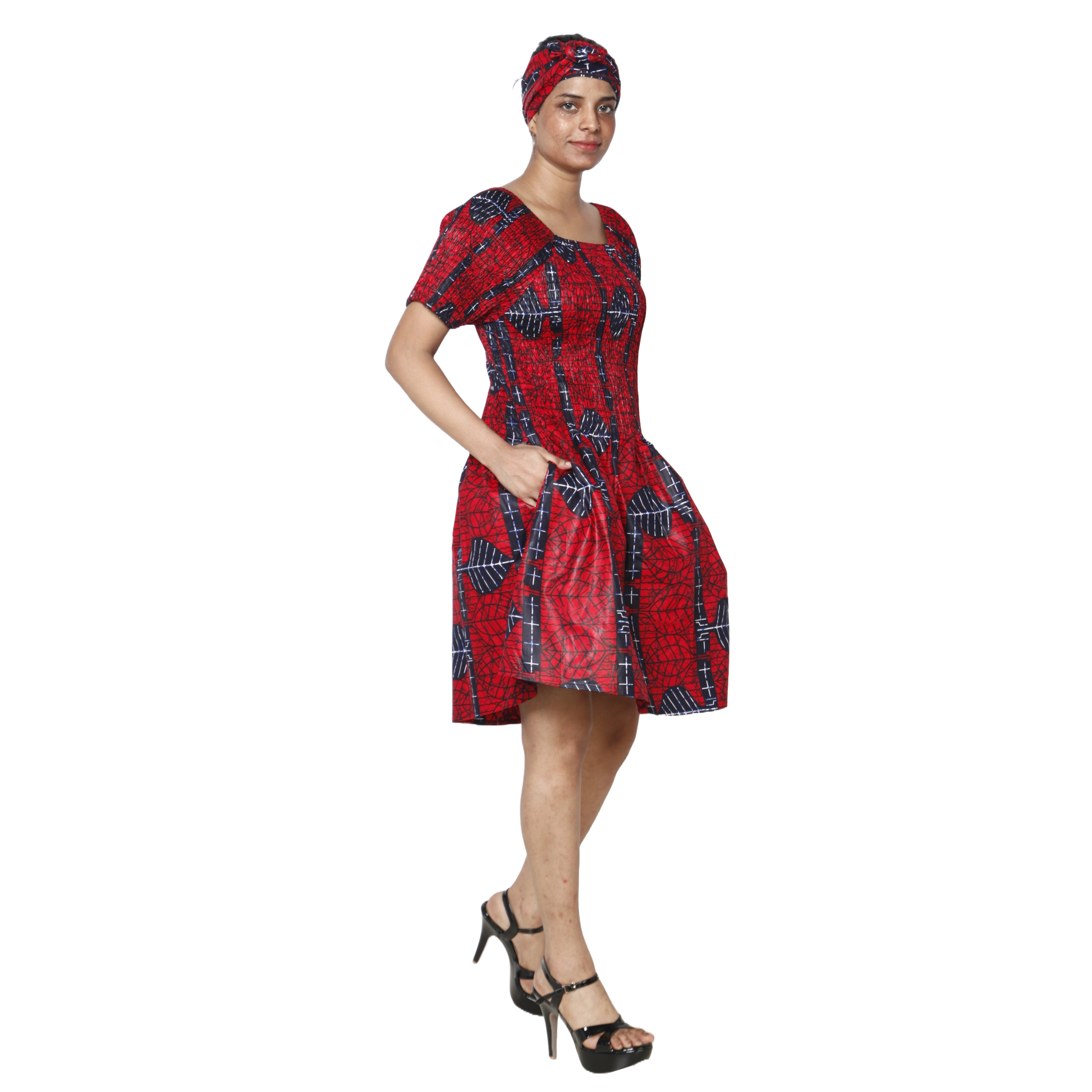 Women's Printed Smocking Short Sleeve Mini Dress - FI-50071 Mini