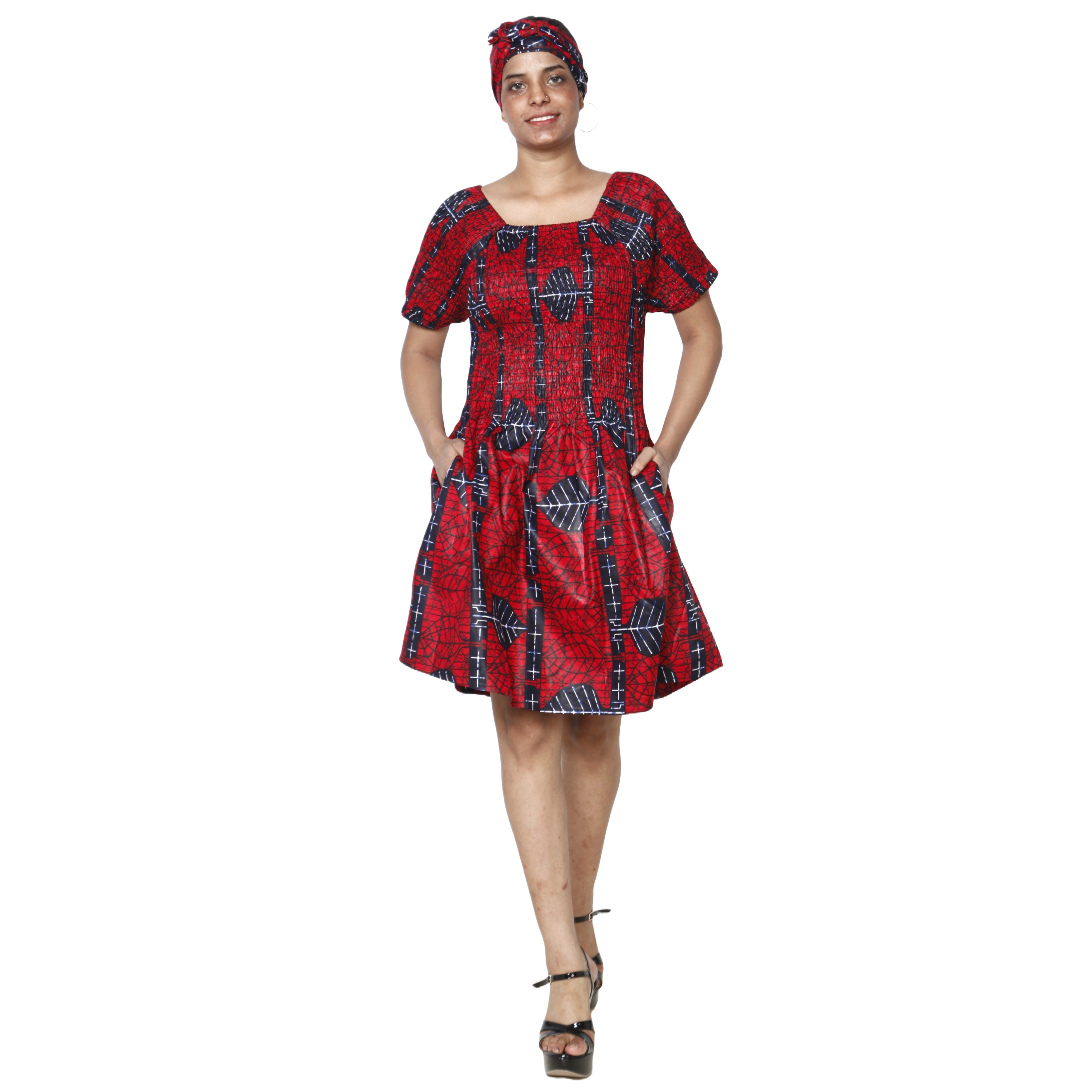 Women's Printed Smocking Short Sleeve Mini Dress - FI-50071 Mini