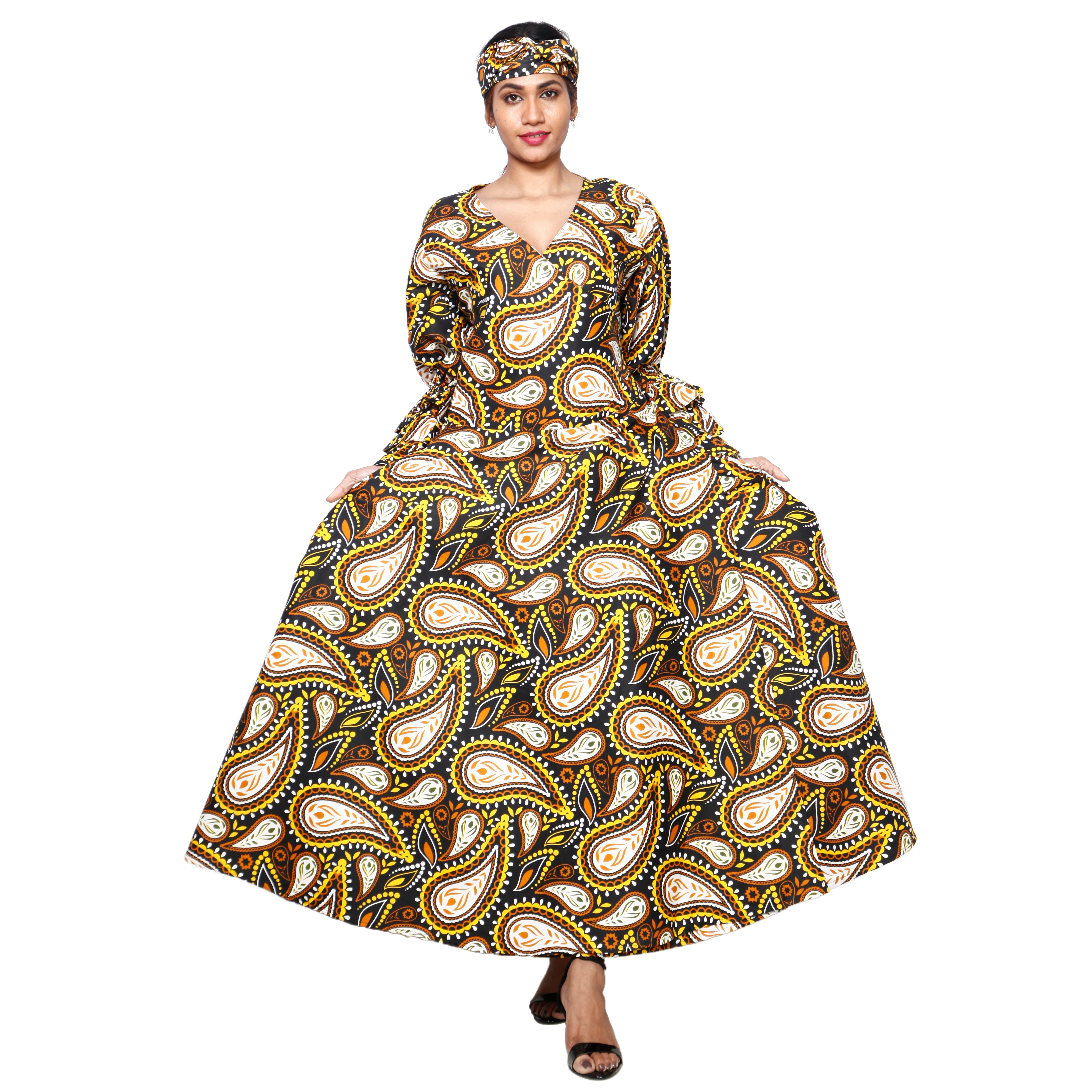 Women's Poly-Cotton Wrap Dress with Ruffle Sleeves yellow multicolor
