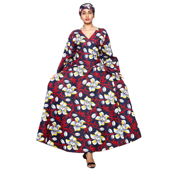 Women's Poly-Cotton Long Bell Sleeve Wrap Dress navy blue red contrast