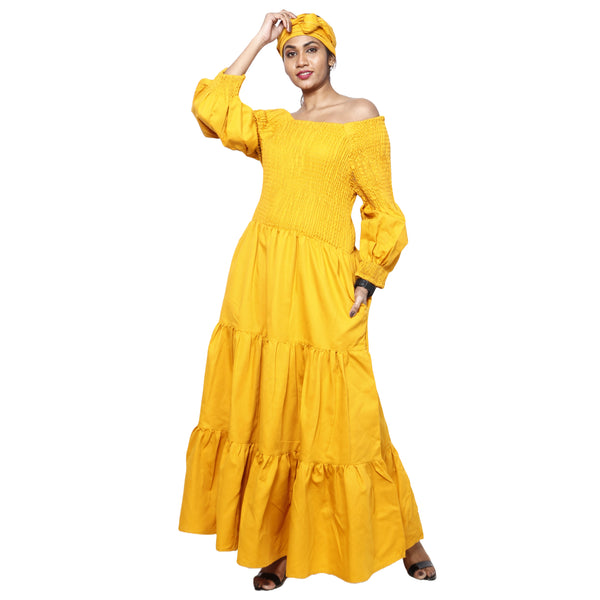 Women's Denim Smocking Long Sleeve Maxi Dress complete yellow