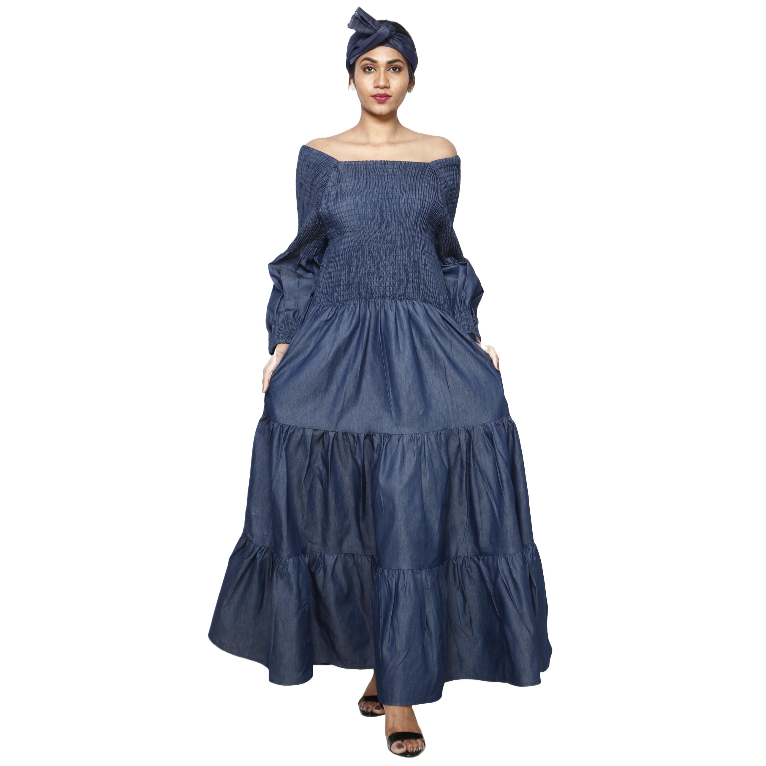 Women's Denim Smocking Long Sleeve Maxi Dress grey/black mix