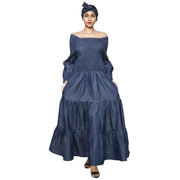 Women's Denim Smocking Long Sleeve Maxi Dress -- FI-D50083
