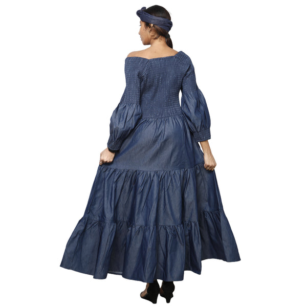 Women's Denim Smocking Long Sleeve Maxi Dress gery back look