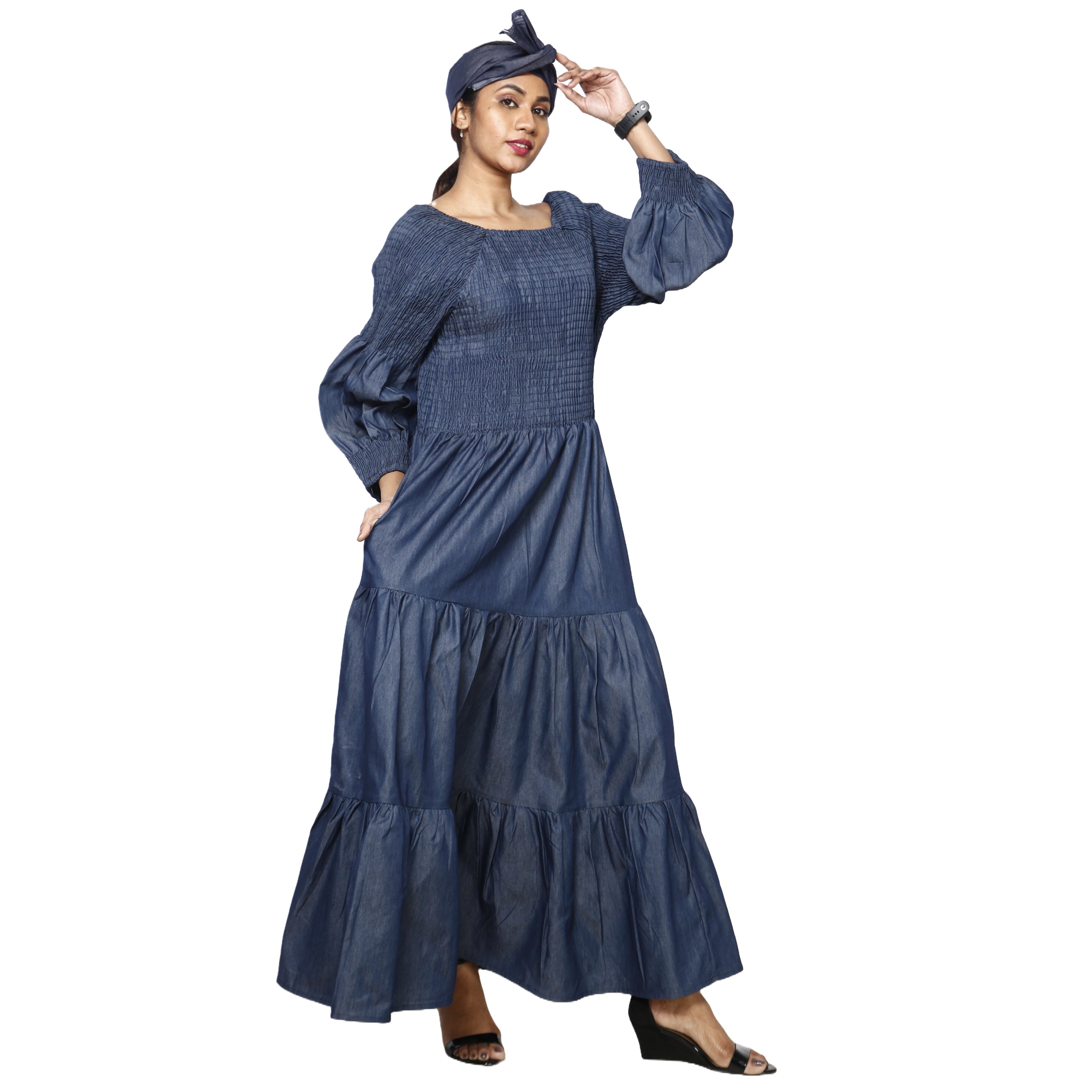 Women's Denim Smocking Long Sleeve Maxi Dress grey side look