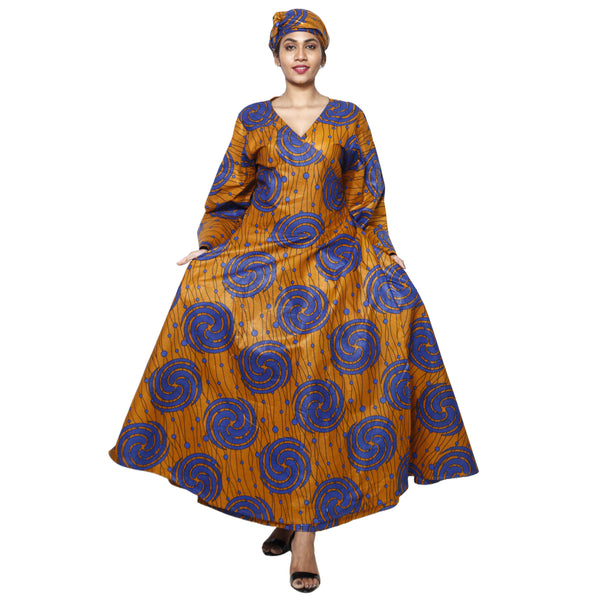 Women's African Printed Long Sleeve Wrap Maxi Dress purple and yellow