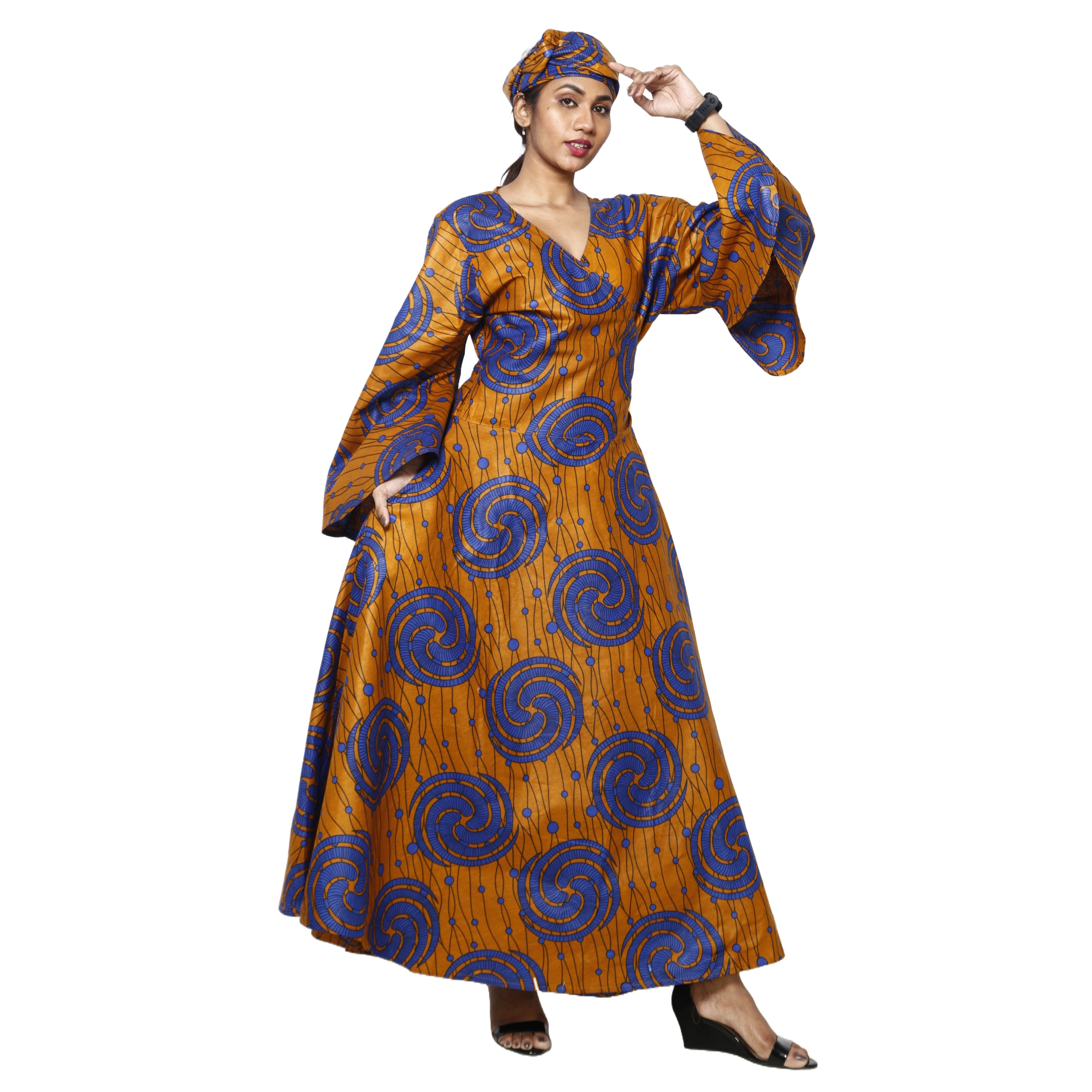 Women's African Printed Long Sleeve Wrap Maxi Dress -- FI-56 FS