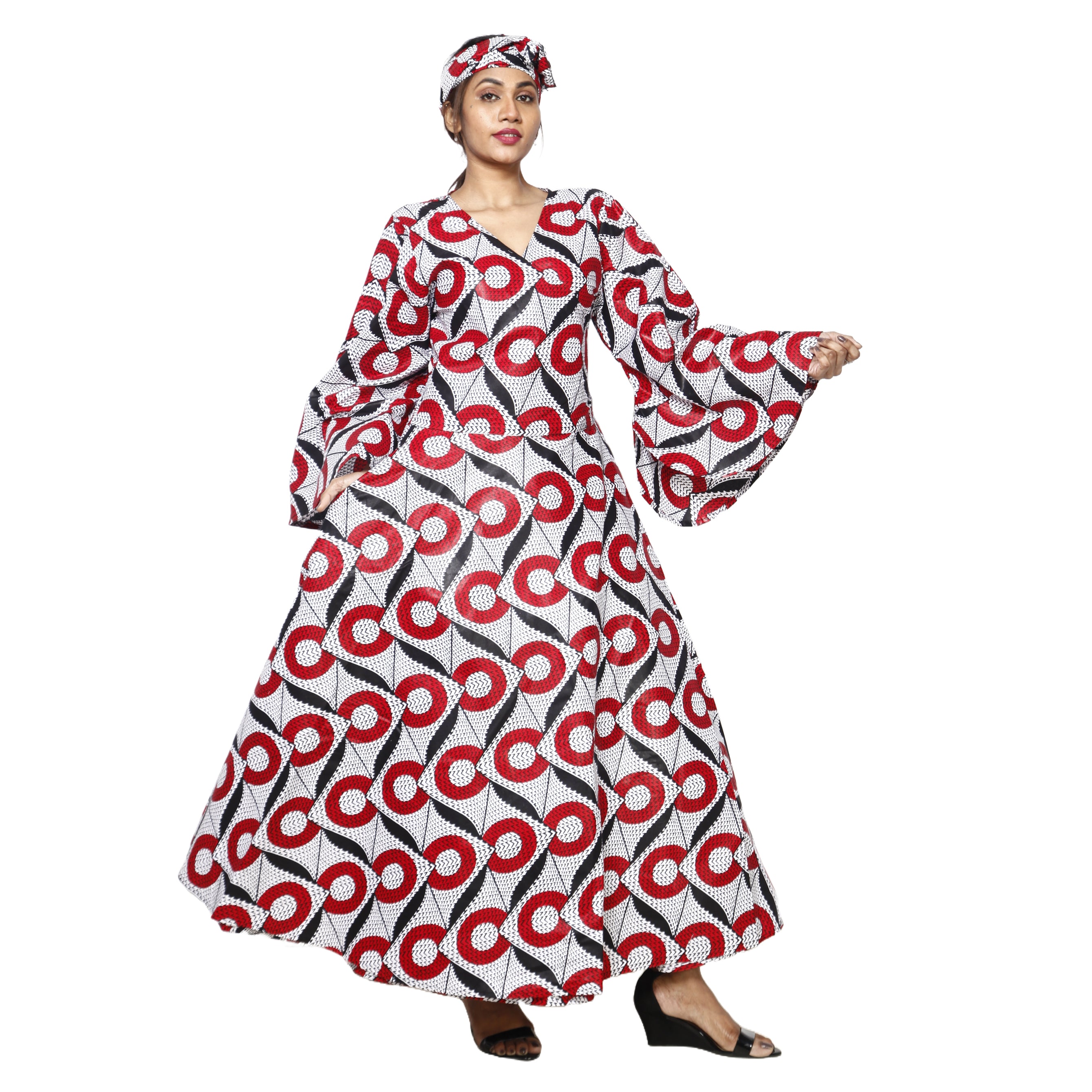 Women's African Printed Long Sleeve Wrap Maxi Dress -- FI-56 FS