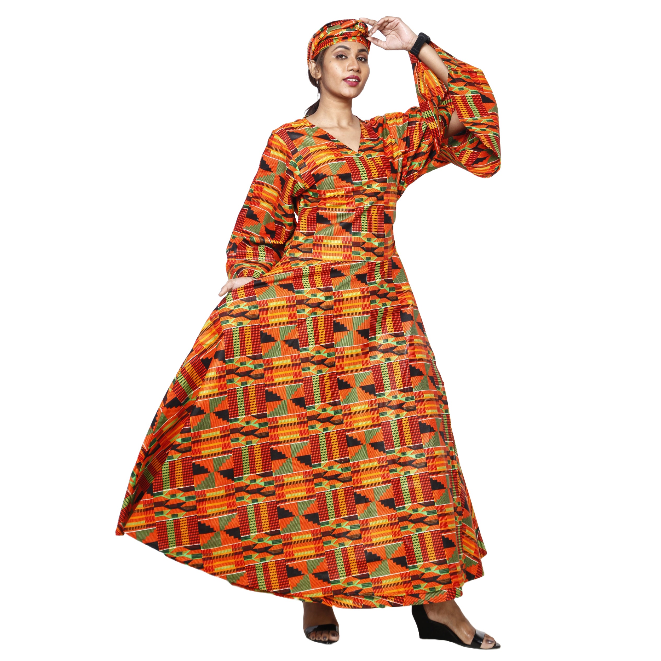 Women's African Printed Long Sleeve Wrap Maxi Dress orange amd black