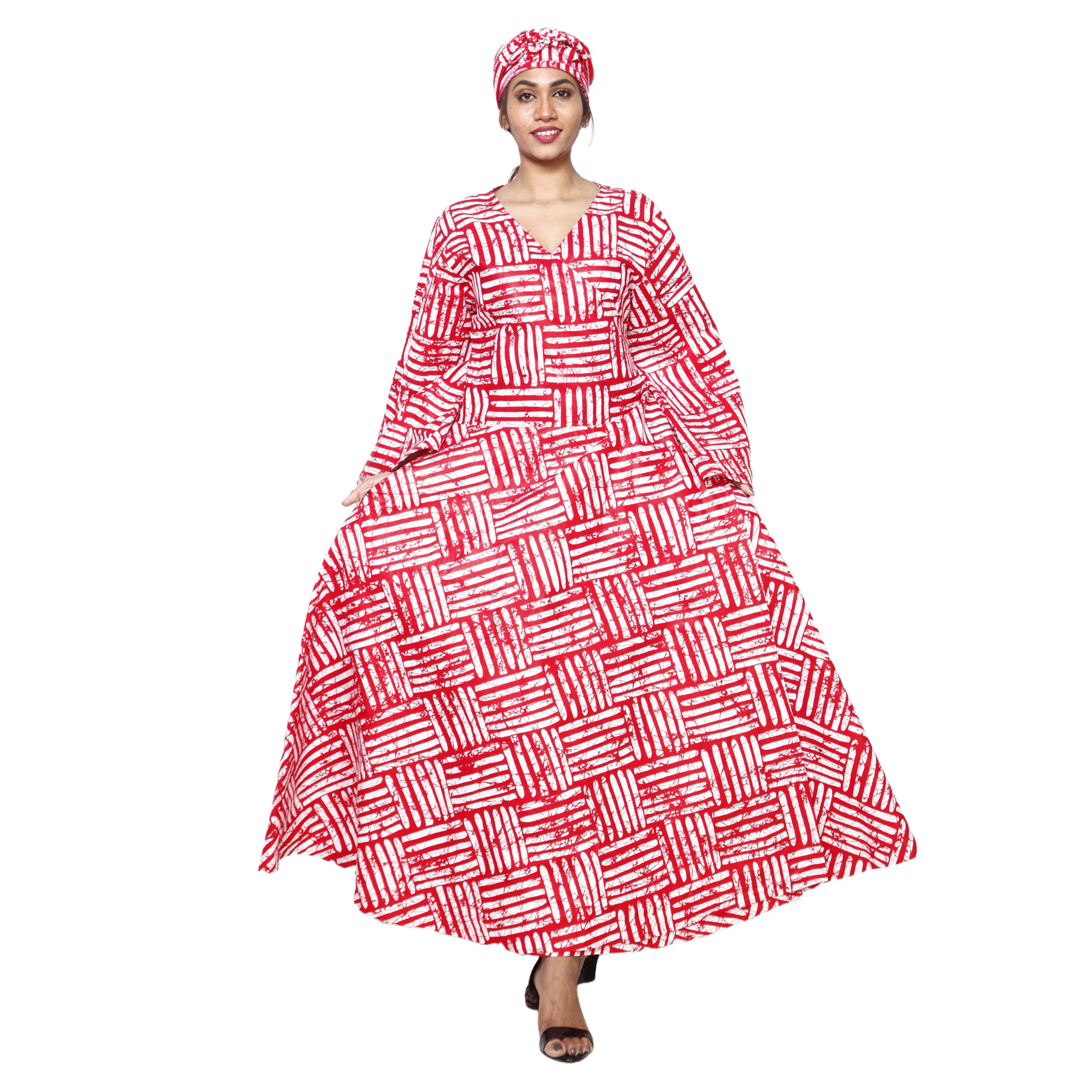 Women's African Printed Long Sleeve Wrap Maxi Dress red and white