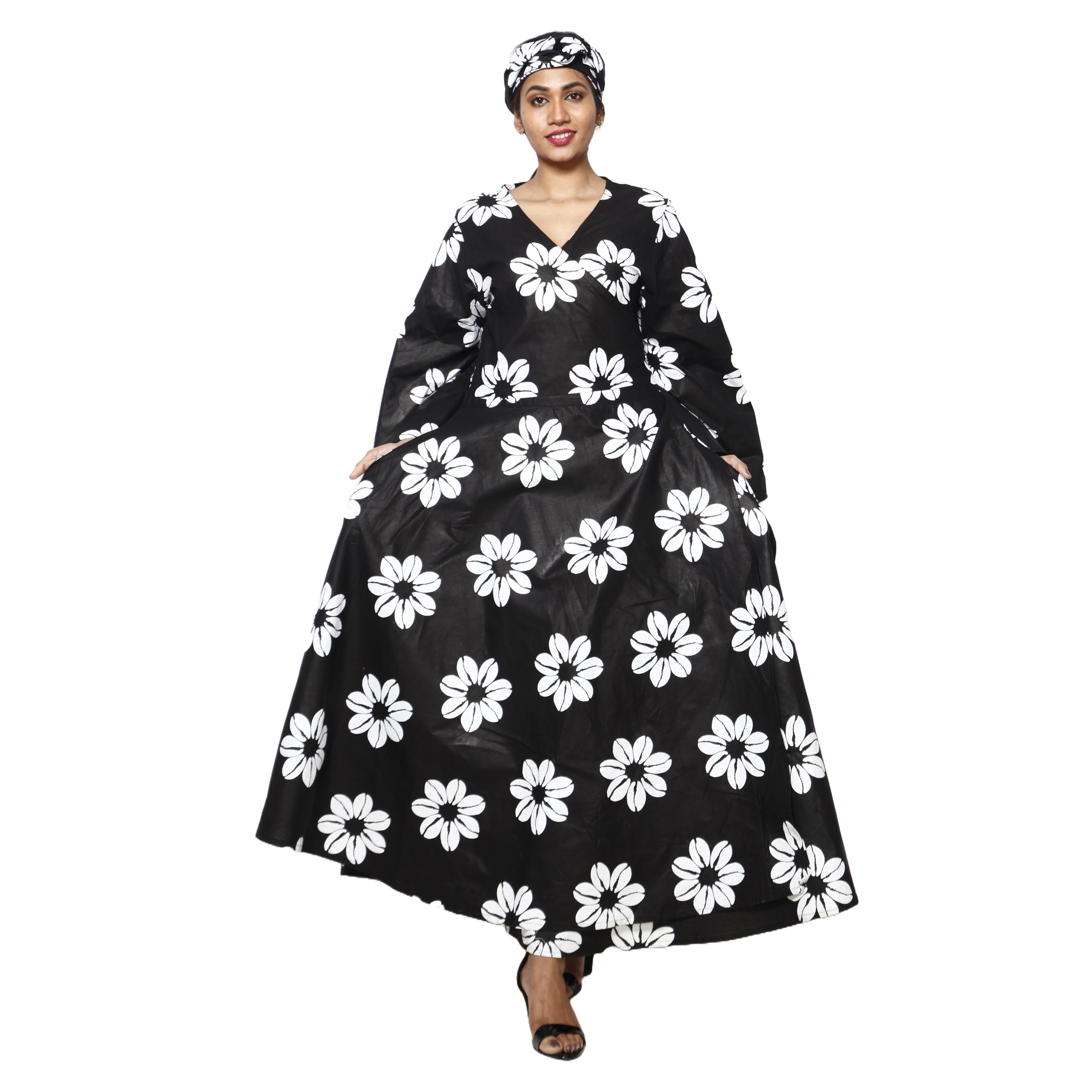 Women's African Printed Long Sleeve Wrap Maxi Dress black and white flowers printed