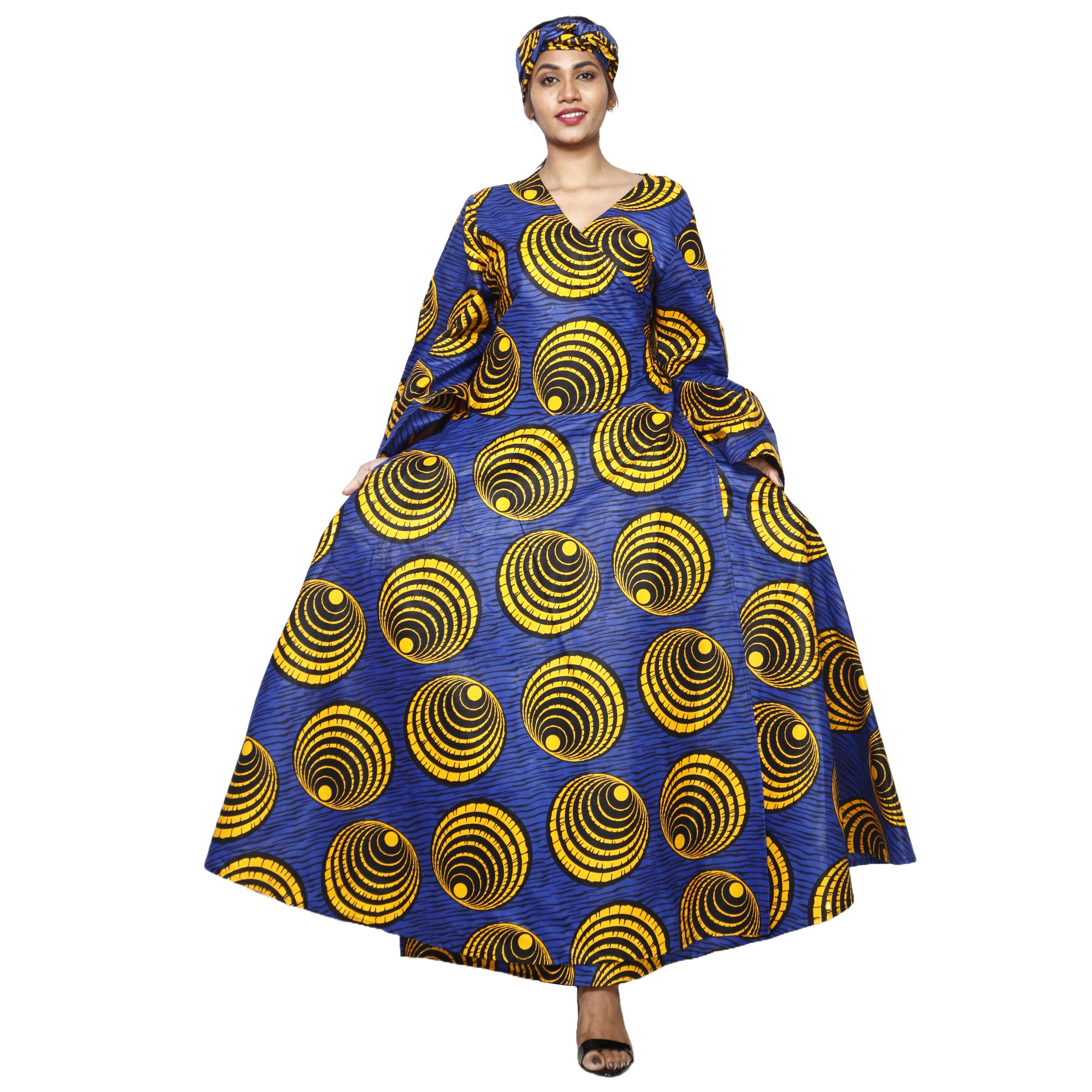 Women's African Printed Long Sleeve Wrap Maxi Dress purple , yellow and black