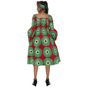 Women's African Print Off Shoulder with Cuff Sleeve Midi Dress -- FI-50076