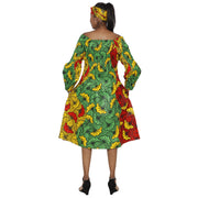 Women's African Print Off Shoulder with Cuff Sleeve Midi Dress -- FI-50076