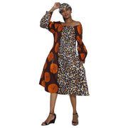Women's African Print Off Shoulder with Cuff Sleeve Midi Dress -- FI-50076