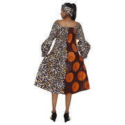 Women's African Print Off Shoulder with Cuff Sleeve Midi Dress -- FI-50076
