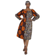 Women's African Print Off Shoulder with Cuff Sleeve Midi Dress -- FI-50076