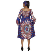 Women's African Print Off Shoulder with Cuff Sleeve Midi Dress -- FI-50076