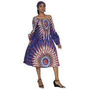 Women's African Print Off Shoulder with Cuff Sleeve Midi Dress -- FI-50076