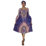 Women's African Print Off Shoulder with Cuff Sleeve Midi Dress -- FI-50076